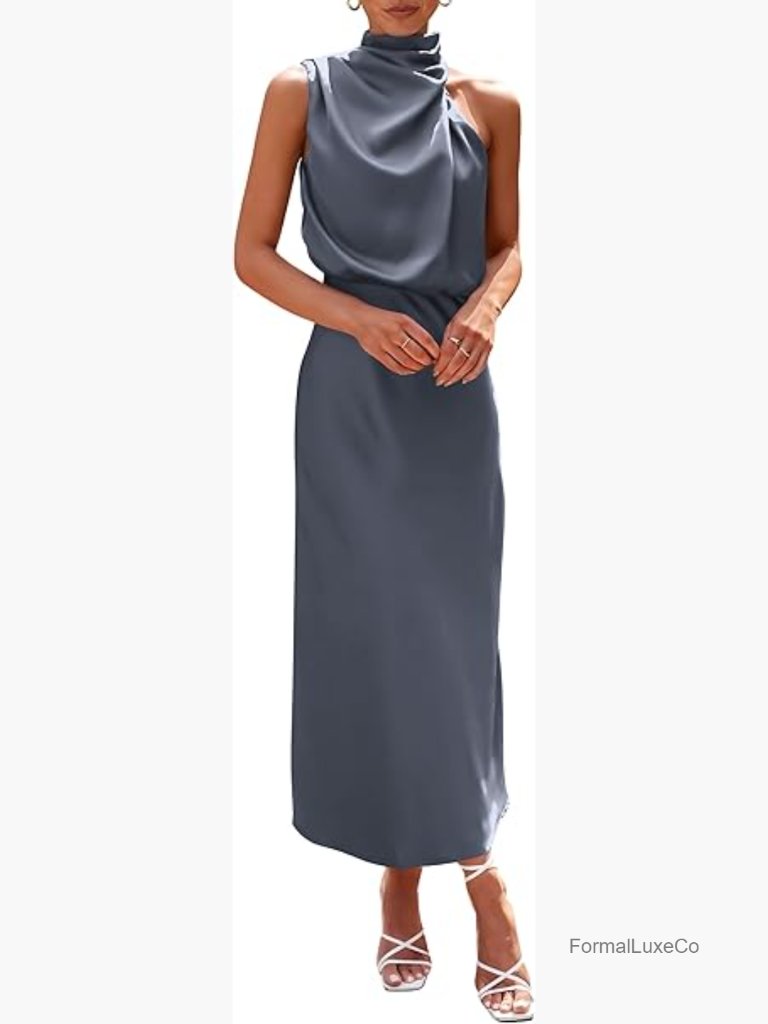 Elegant Sleeveless Mock Neck Satin Maxi Dress For Women